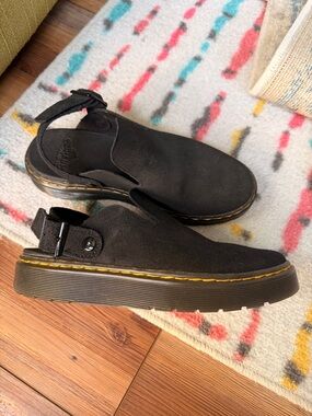 Dr. Martens Black Suede Slingback Loafers with Yellow Stitching